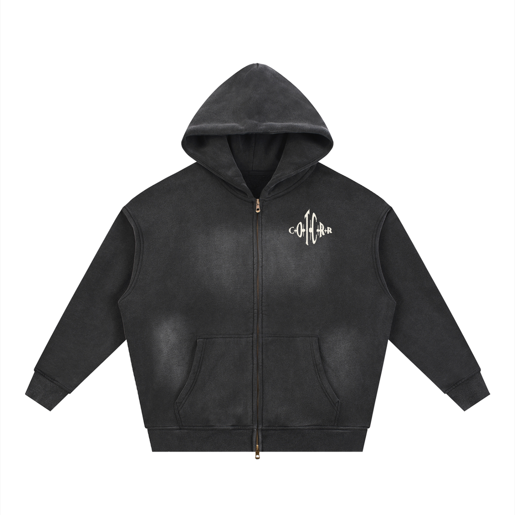 "+++" Sunfade Two-way Zipper Boxy Fleece Hoodie